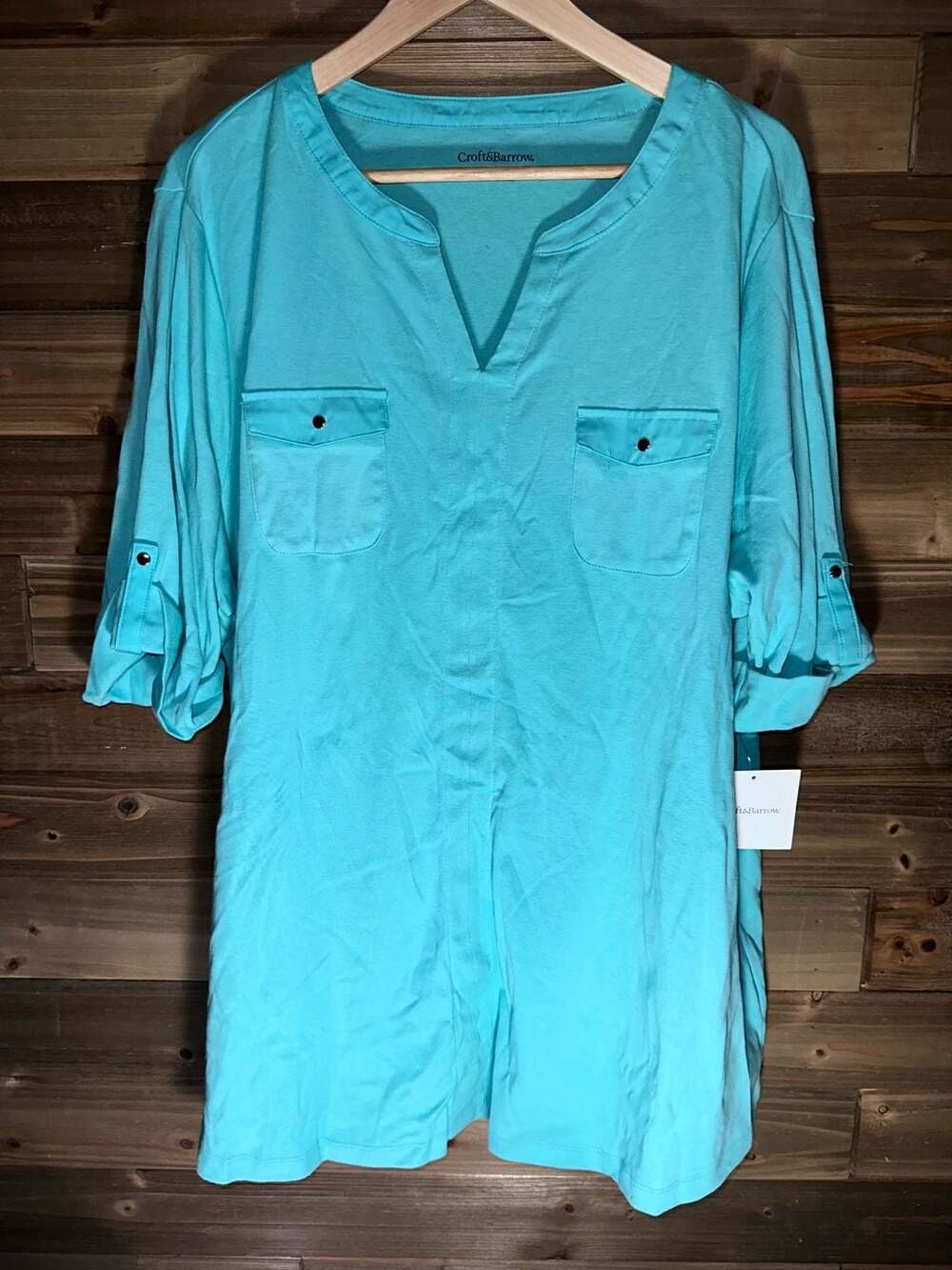 No.76 Croft & Barrow Turquoise Notch Neck Roll Tab Sleeve 3X Tunic Shirt Top